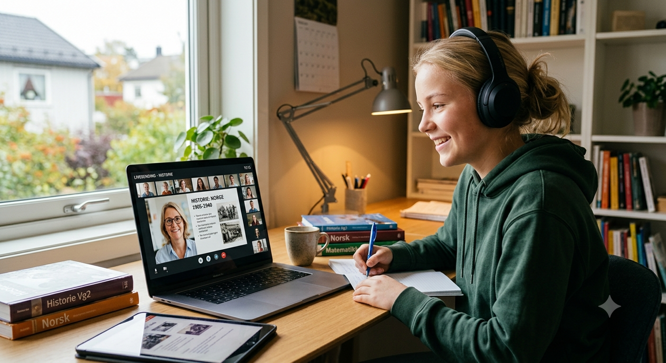 Foto: AI-generert foto En person med hodetelefoner som sitter ved et skrivebord med en bærbar PC